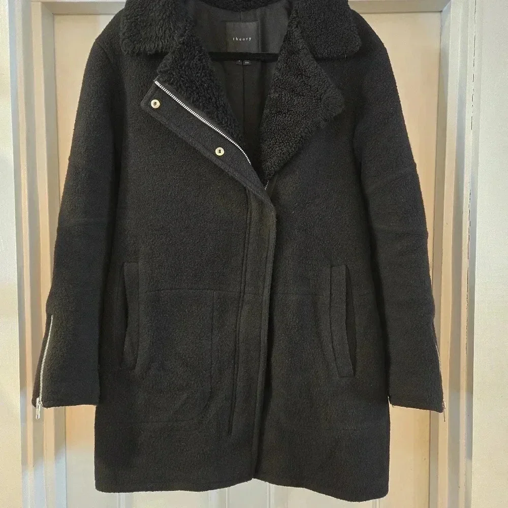 Theory Datyah Wool Shearling Lamb Coat Black Size Medium